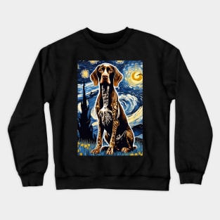 German Shorthaired Pointer Dog Breed Painting in a Van Gogh Starry Night Art Style Crewneck Sweatshirt